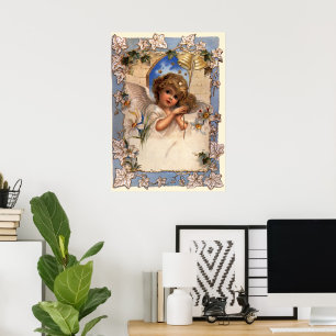 Vintage Kerstmis, Victoriaans engel met goudcellen Poster