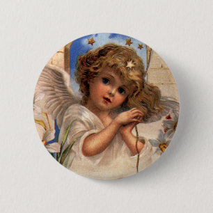 Vintage Kerstmis, Victoriaans engel met goudcellen Ronde Button 5,7 Cm
