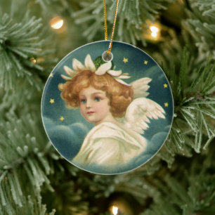 Vintage Kerstmis, Victoriaans engel met gouden ste Keramisch Ornament