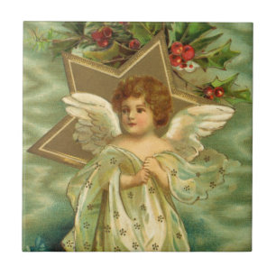 Vintage Kerstmis, Victoriaans engel met gouden ste Tegeltje
