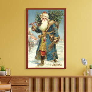 Vintage Kerstmis, Victoriaans kerstman met boom Canvas Afdruk