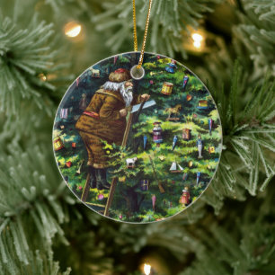 Vintage Kerstmis, Victoriaans kerstman met boom Keramisch Ornament
