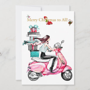 Vintage Kerstmis vrouw op een roze scooter Feestdagenkaart