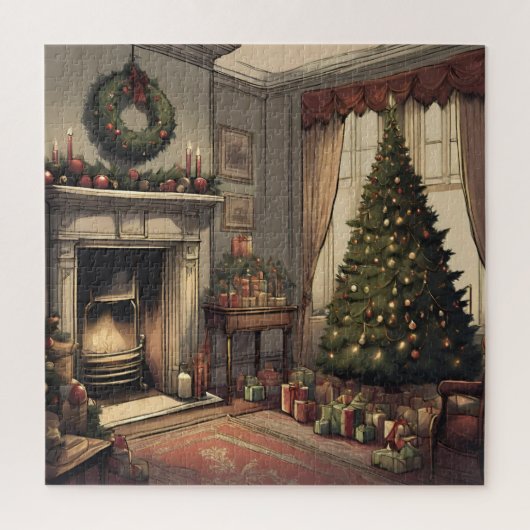 Vintage Kerstmis Woonkamer met Kerstboom Legpuzzel (Verticaal)