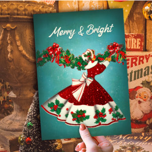 Vintage Kerstmisdecoratie rood glitter meisje Feestdagenkaart