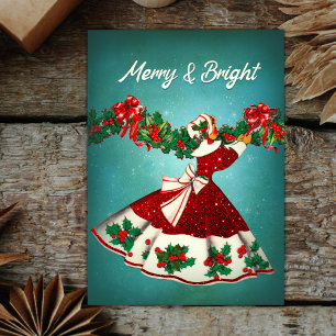Vintage Kerstmisdecoratie rood glitter meisje Kaart