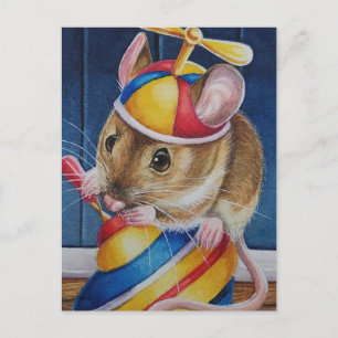 Vintage-kerstmuis met Speelgoed op topWaterverf Briefkaart
