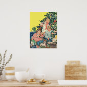 Vintage kerstochtend, kinderen openen cadeautjes poster (Keuken)