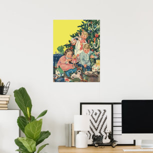 Vintage kerstochtend, kinderen openen cadeautjes poster