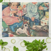 Vintage kerstochtend, kinderen openen cadeautjes theedoek (Gevouwen)