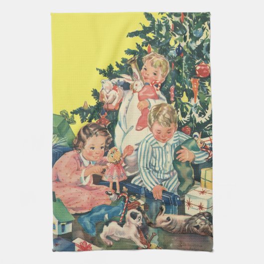 Vintage kerstochtend, kinderen openen cadeautjes theedoek (Verticaal)