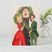 Vintage kerstpaar op de klok feestdagenkaart (Staand voorkant)