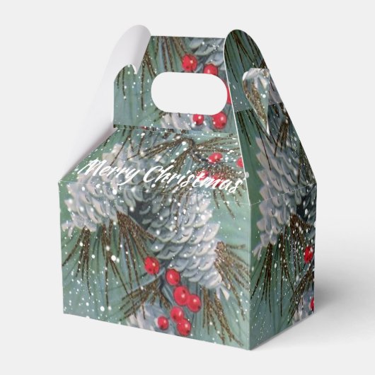 Vintage kerstpine bevat sneeuwrode bessen bedankdoosjes (Voorkant Zijde)