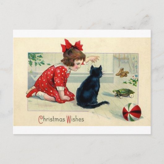 Vintage kerstprint meisje en kat feestdagenkaart (Voorkant)
