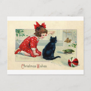 Vintage kerstprintmeisje en kat feestdagenkaart
