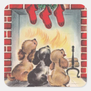 Vintage kerstPuppies wachten op Kerstmis Vierkante Sticker