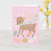 Vintage Kerstrendier roze gouden illustratie Kaart (Gele Bloem)