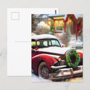Vintage kerstrode auto in sneeuw briefkaart
