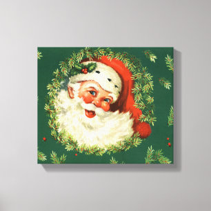 Vintage-kerstrood, witte en groene kerstman canvas afdruk