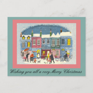 Vintage kerstscène in roze en groen feestdagenkaart