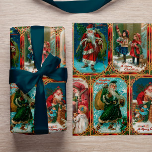 Vintage kerstscènes in Gold Gothic Borders Cadeaupapier