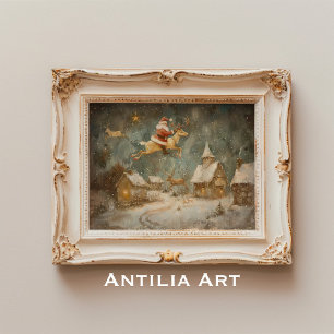 Vintage kerstschilderij Sinterklaas & rendier Poster