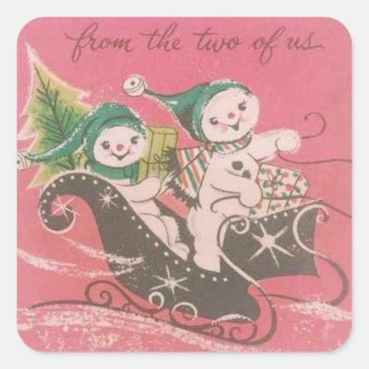 Vintage-kerstsnowman-paar Vierkante Sticker (Voorkant)