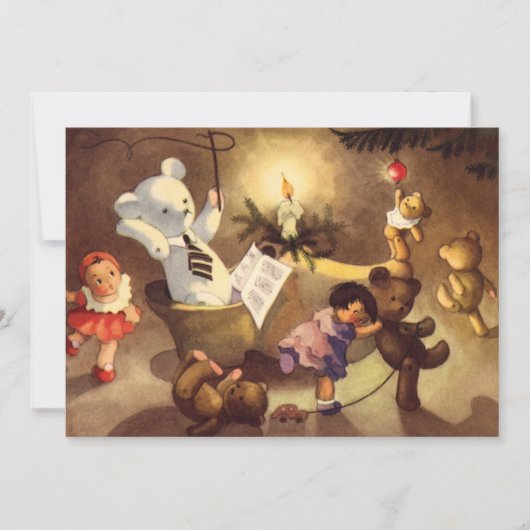 Vintage kerstspeelgoed, danspoppen, Teddy Bears Feestdagenkaart (Voorkant)