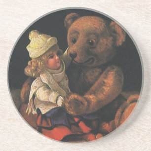 Vintage-kerstspeelgoed, Doll en Teddy Bear Zandsteen Onderzetter