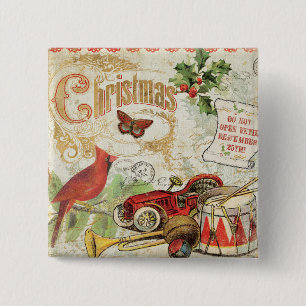 Vintage kerstspeelgoed vierkante button 5,1 cm