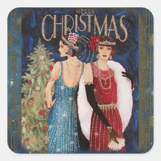Vintage Kerststicker Flappers Vierkante Sticker (Voorkant)