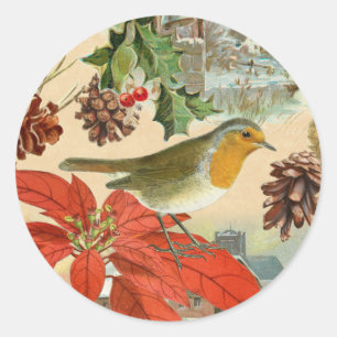 Vintage kerststicker met vogels en rode bloemen ronde sticker