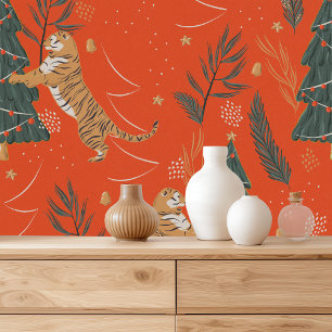 Vintage kersttijger met kerstboom behang