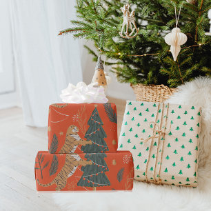 Vintage kersttijger met kerstboom cadeaupapier