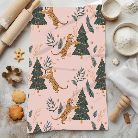 Vintage kersttijger met kerstboom roze theedoek