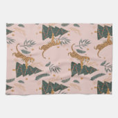 Vintage kersttijger met kerstboom roze theedoek (Horizontaal)