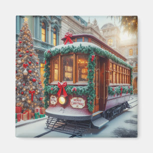 Vintage kersttram in de sneeuw magneet