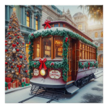 Vintage kersttram in de sneeuw