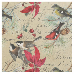 Vintage kerstvogel en Poinsettia Holiday Stof