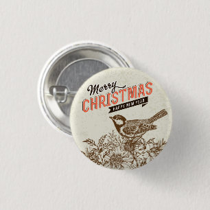 Vintage kerstvogel en ventilator ronde button 3,2 cm