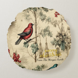 Vintage Kerstvogels Holly Berry Rond Kussen