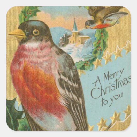 Vintage kerstvogels vierkante sticker (Voorkant)