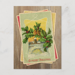 Vintage Kerstvogels w / Holly & Windmolen op Hout Feestdagenkaart