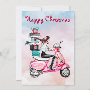 Vintage kerstvrouw op een roze scooter feestdagenkaart