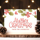 Vintage kerstWaterverf Holly Leaves Monogram Briefkaart