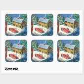 Vintage Kerstwinter Scene Vierkante Sticker (Vel)