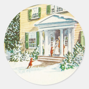 Vintage Kerstwinter Sneeuwthuis Ronde Sticker