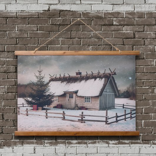 Vintage kerstwinterscène met hut hangend wandkleed