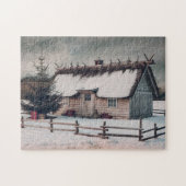 Vintage kerstwinterscène met hut legpuzzel (Horizontaal)