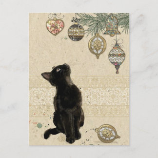 Vintage-kerstzwarte kat die naar siervoorwerpen ki briefkaart